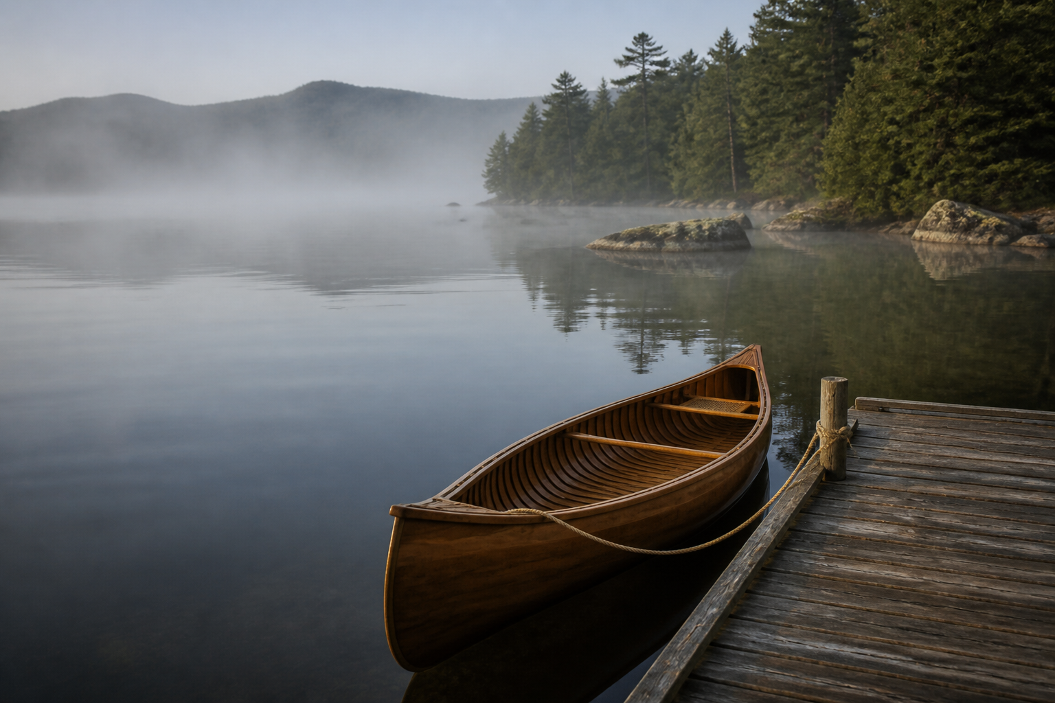 A misty morning view of a quiet lake in the Maine wilderness with a single wooden canoe tied to a dock.